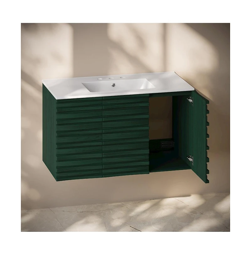 Swiss Madison 36 " Wall-Mounted Bathroom Vanity in Green Oak with 3-Hole Widespread Sink Top