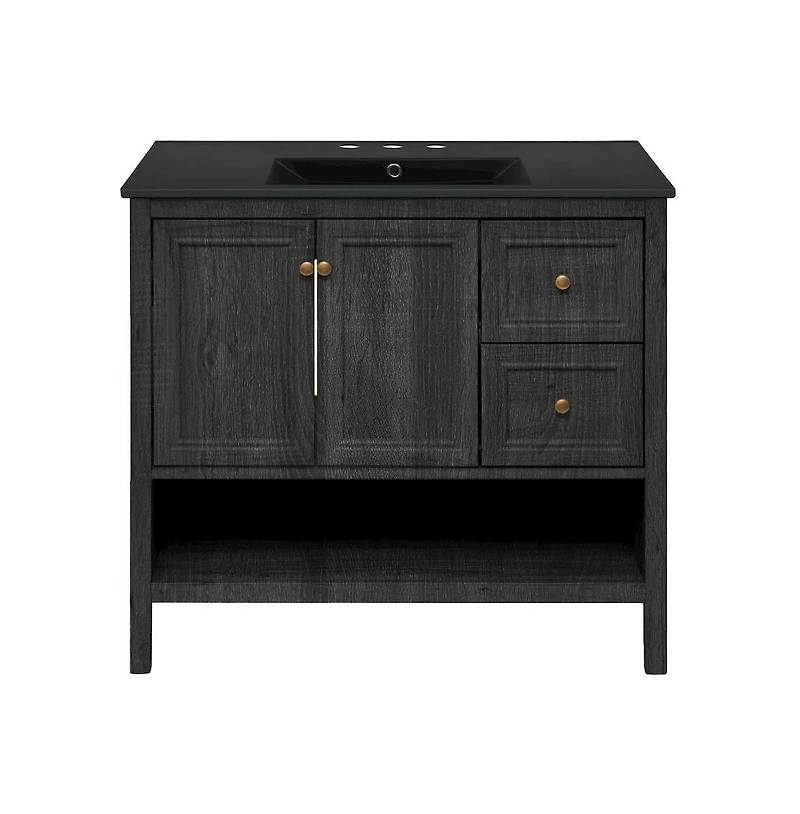 Swiss Madison 36" Freestanding Bathroom Vanity in Black Oak, Black 3-Hole Widespread Sink Top