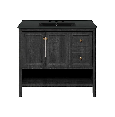 Swiss Madison 36" Freestanding Bathroom Vanity in Black Oak, Black 3-Hole Widespread Sink Top