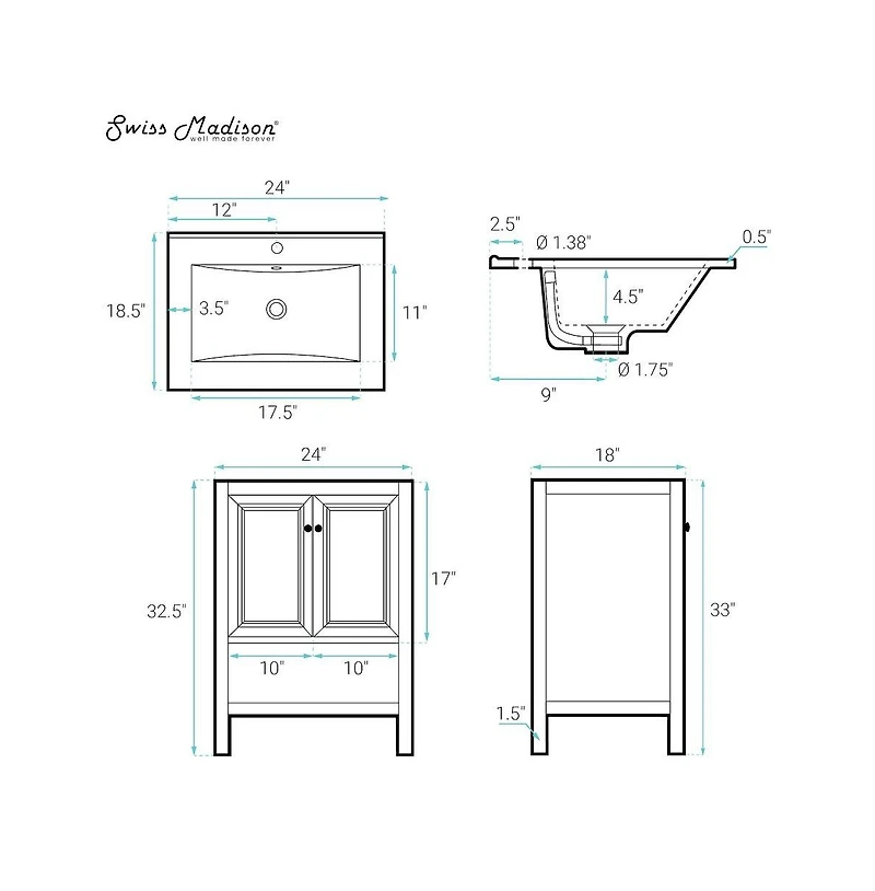 Swiss MadisonChateau 24" Freestanding Bathroom Vanity in Black Oak with Black Sink Top