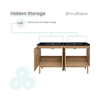 Swiss Madison60" Freestanding Bathroom Vanity in Golden Oak with Black Double Basin Sink Top