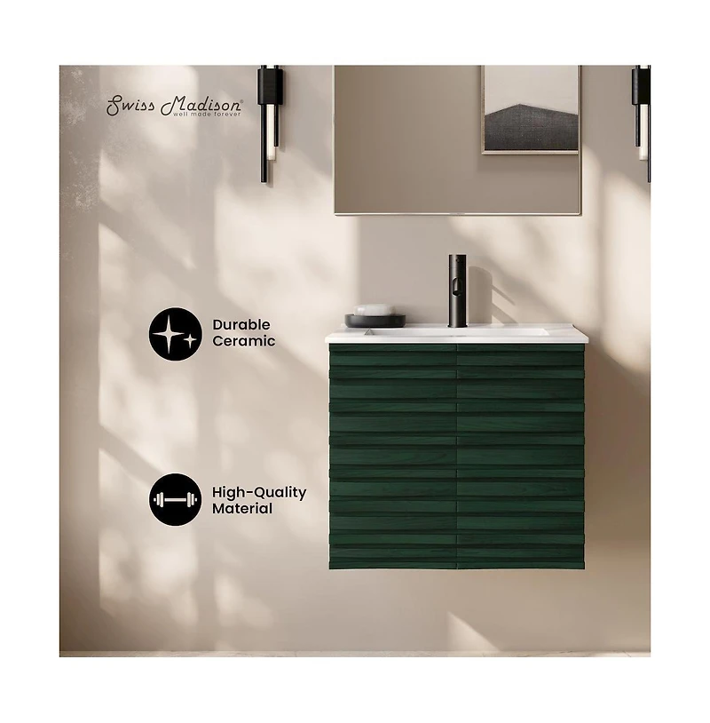Swiss Madison Cascade 24" Wall-Mounted Bathroom Vanity in Green Oak with Sink Top