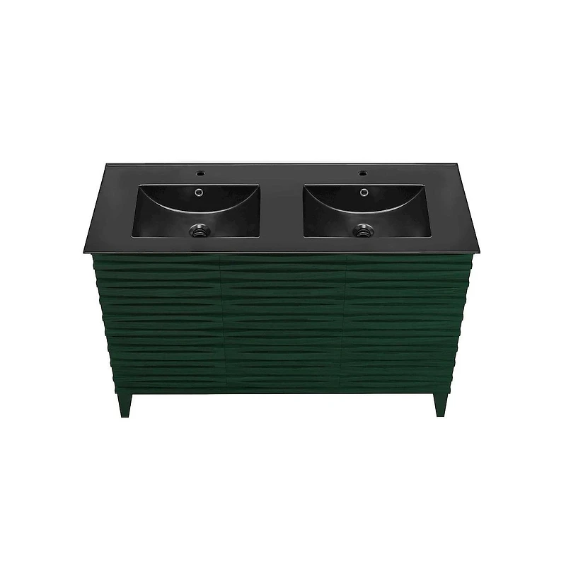 Swiss Madison 48" Freestanding Bathroom Vanity in Green Oak with Black Double Basin Sink Top