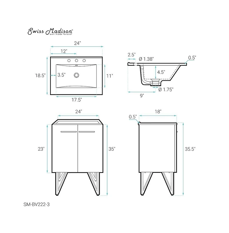 Swiss Madison Annecy 24 in. Black Walnut Bathroom Vanity With White, 3-Hole Ceramic Sink Top