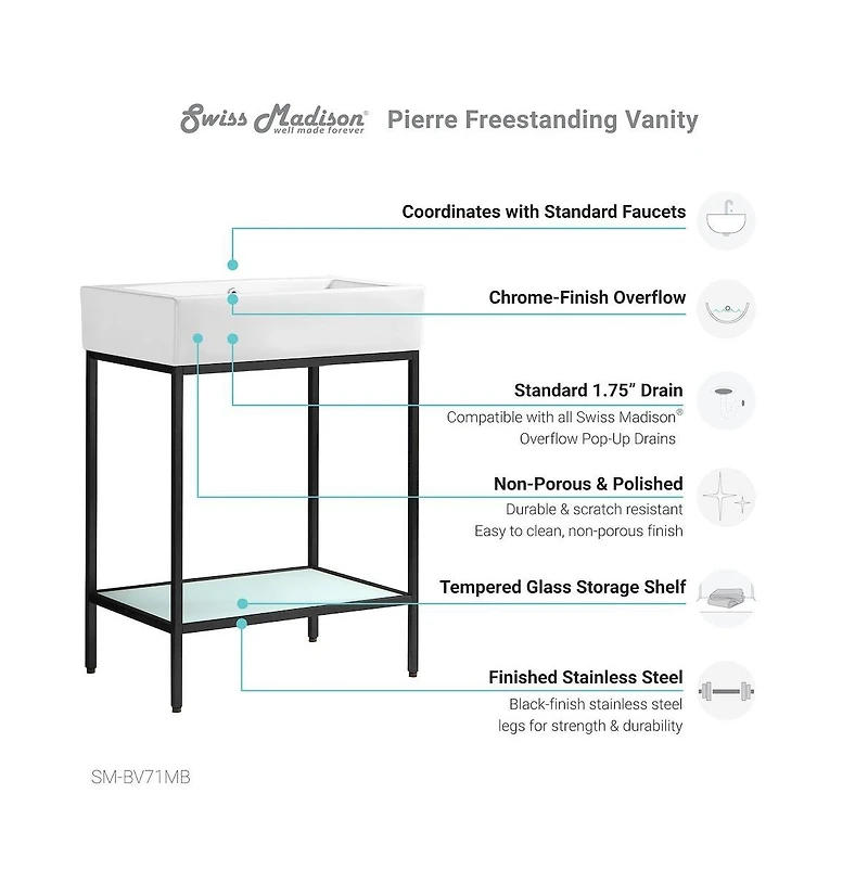 Swiss Madison Pierre 24 Single, Freestanding, Matte Black Metal Frame Bathroom Vanity