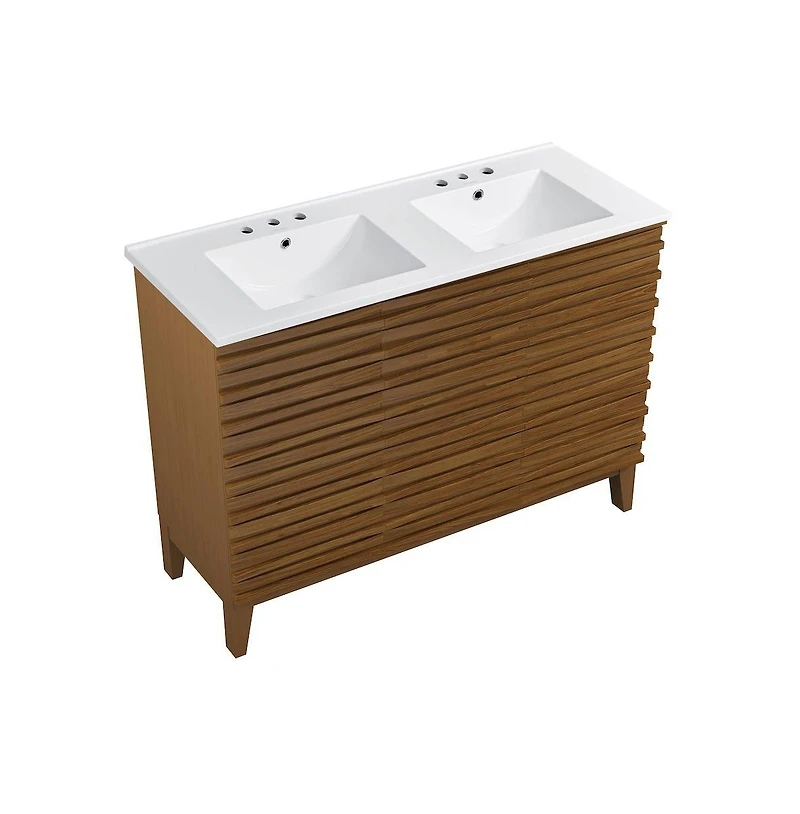 48 in. Brown Oak, Double Basin Bathroom Vanity, White, 3-Hole Ceramic Sink Top