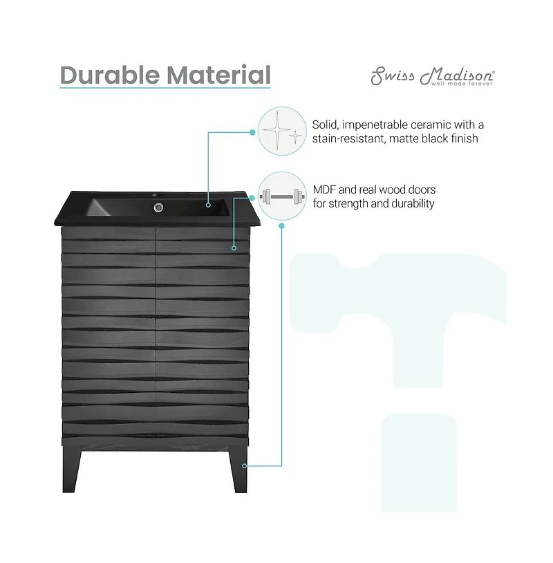Swiss Madison Cascade 24 in. Black Oak Bathroom Vanity With Black Ceramic Sink Top