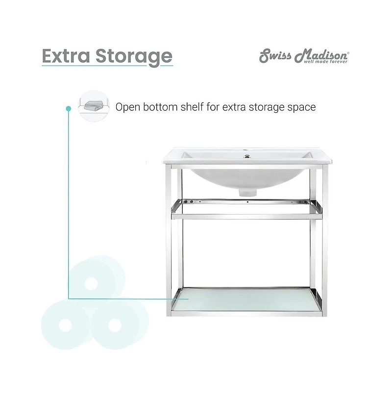 Swiss Madison Pierre 24 Single, Open Shelf, Chrome Metal Frame Bathroom Vanity