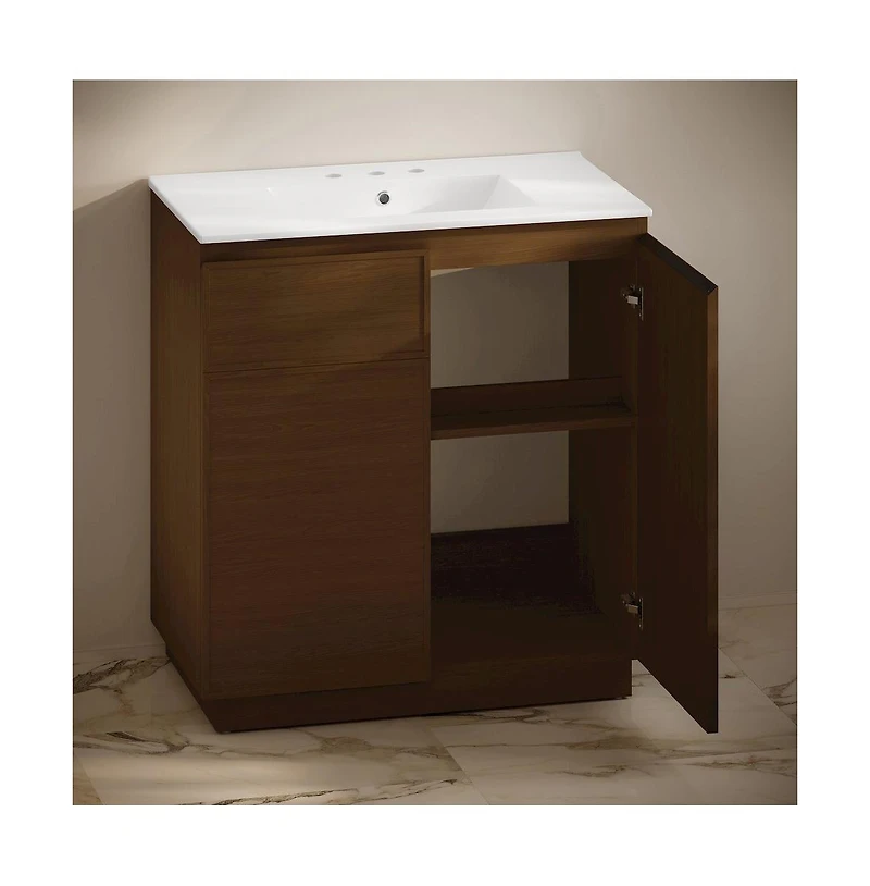 Swiss Madison 36" Freestanding Bathroom Vanity in Brown Oak with 3-Hole Widespread Sink Top