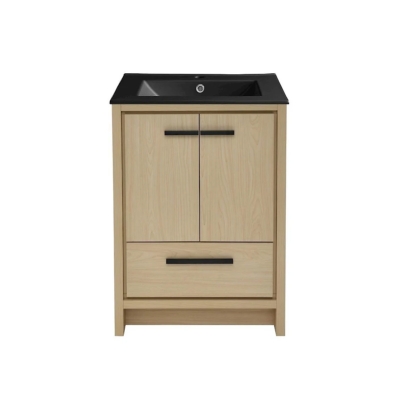 Swiss Madison Virage 24 in. Brown Oak Bathroom Vanity With Black Ceramic Sink Top