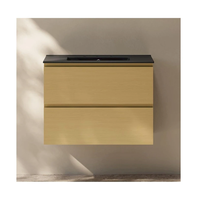 Swiss Madison 30" Wall-Mounted Bathroom Vanity, Natural Oak, Black 3-Hole Widespread Sink Top