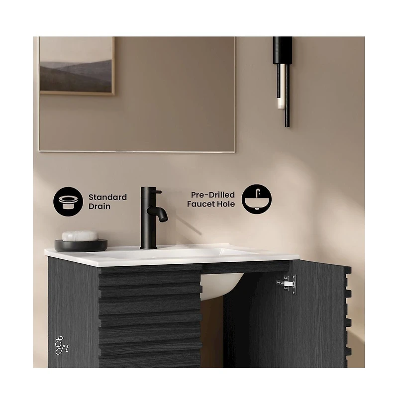 Swiss Madison Cascade 24" Wall-Mounted Bathroom Vanity in Black Oak with Sink Top