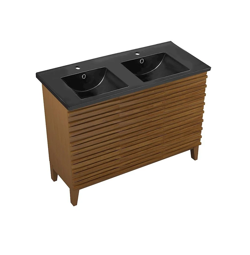 Swiss Madison 48 in. Brown Oak, Double Basin Bathroom Vanity With Black Ceramic Sink Top