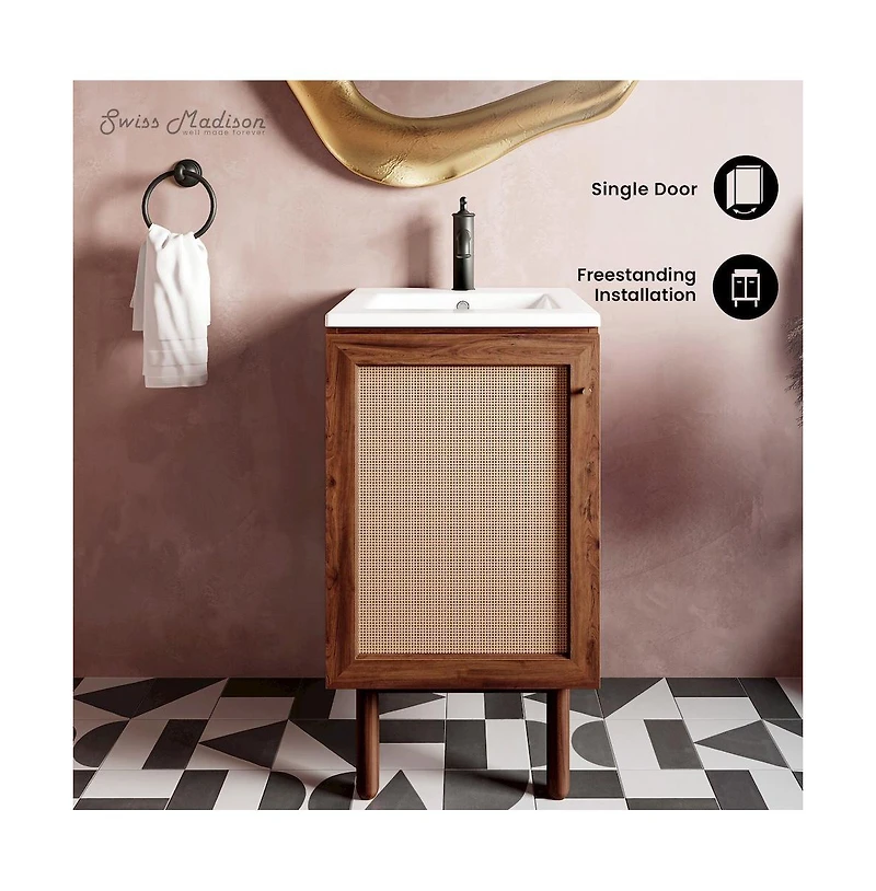 Swiss Madison Classe 18" Freestanding Bathroom Vanity in Brown Oak with Sink Top