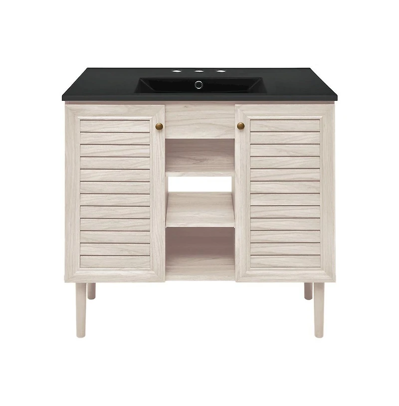 Swiss Madison36" Freestanding Bathroom Vanity in White Oak, Black 3-Hole Widespread Sink Top