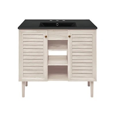 Swiss Madison36" Freestanding Bathroom Vanity in White Oak, Black 3-Hole Widespread Sink Top