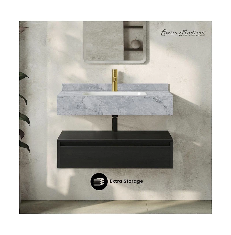 Swiss Madison Avancer 36" Wall-Mounted Bathroom Vanity in Black Oak with Storm Gray Sink Top