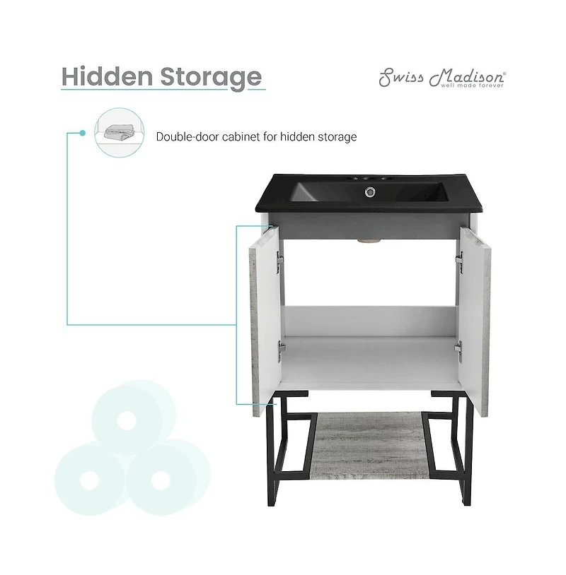 Swiss Madison Marseille 24 in. Gray Oak Bathroom Vanity With Black, 3-Hole Ceramic Sink Top