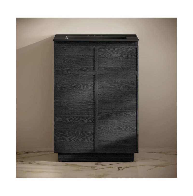 Swiss Madison 24" Freestanding Bathroom Vanity in Black Oak, Black 3-Hole Centerset Sink Top