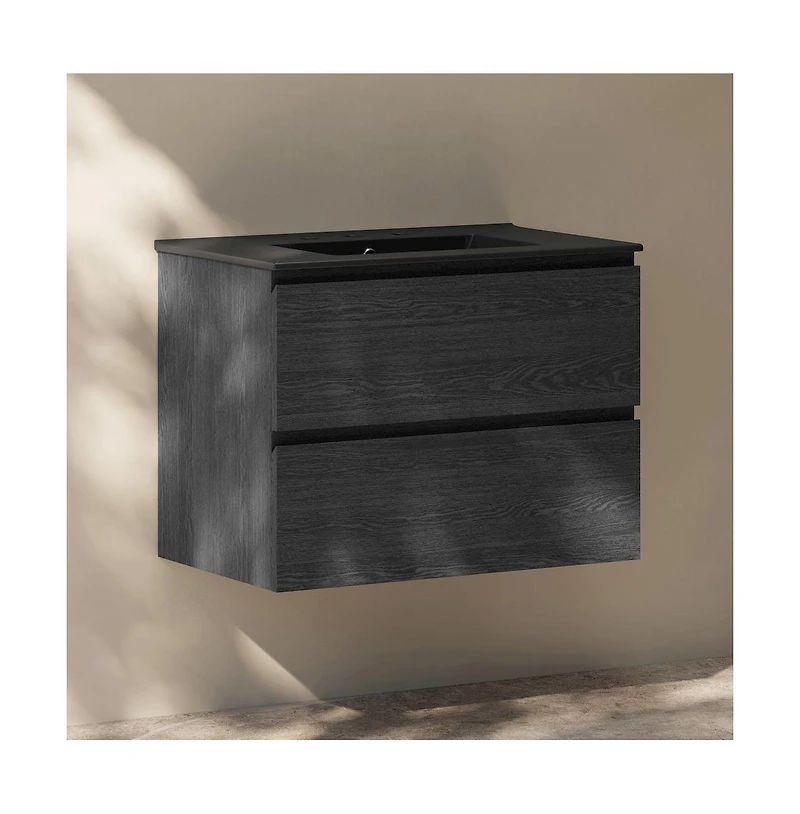 Swiss Madison 30" Wall-Mounted Bathroom Vanity in Black Oak, Black 3-Hole Widespread Sink Top