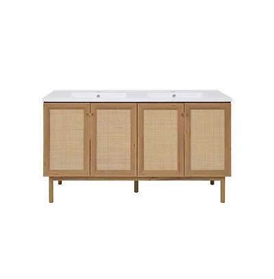 Swiss Madison Classe 60" Freestanding Bathroom Vanity in Golden Oak with Double Basin Sink Top