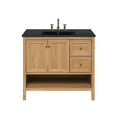 Swiss Madison 36" Freestanding Bathroom Vanity in Golden Oak, Black 3-Hole Widespread Sink Top