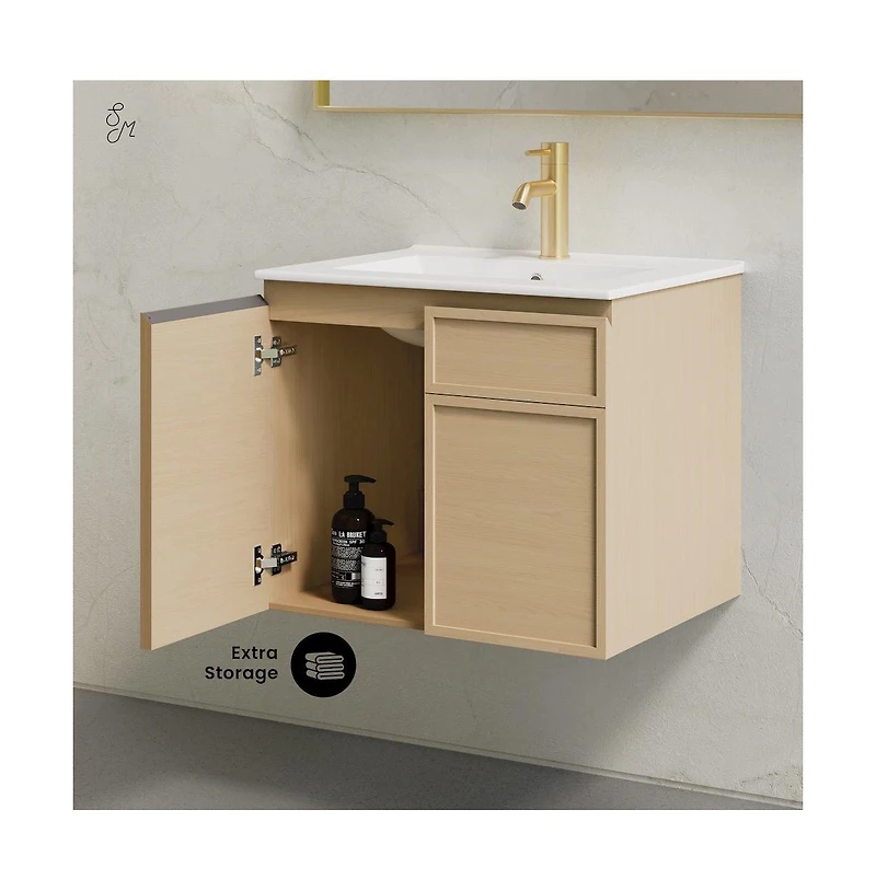 Swiss Madison St. Tropez 24" Wall-Mounted Bathroom Vanity in Natural Oak with Sink Top