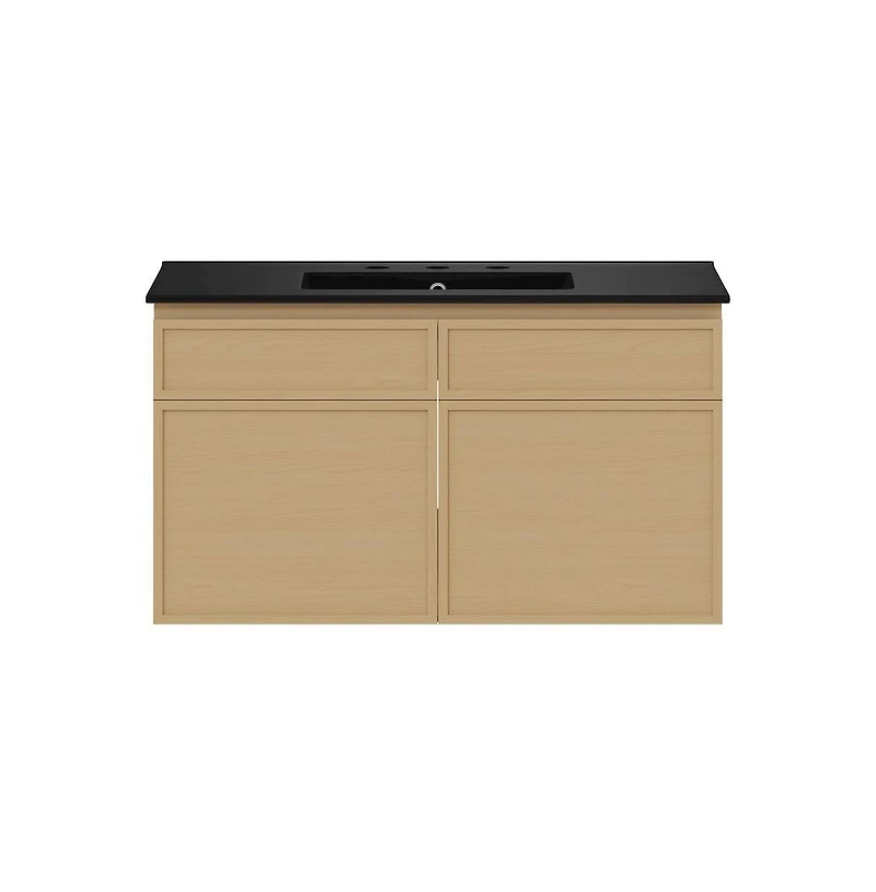 Swiss Madison 36" Wall-Mounted Bathroom Vanity, Natural Oak, Black 3-Hole Widespread Sink Top
