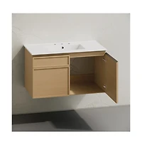 36" Wall-Mounted Bathroom Vanity in Natural Oak with 3-Hole Widespread Sink Top