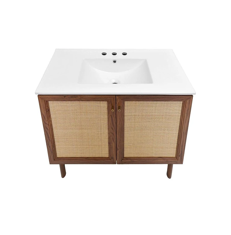 Swiss Madison 36" Freestanding Bathroom Vanity in Brown Oak with 3-Hole Widespread Sink Top