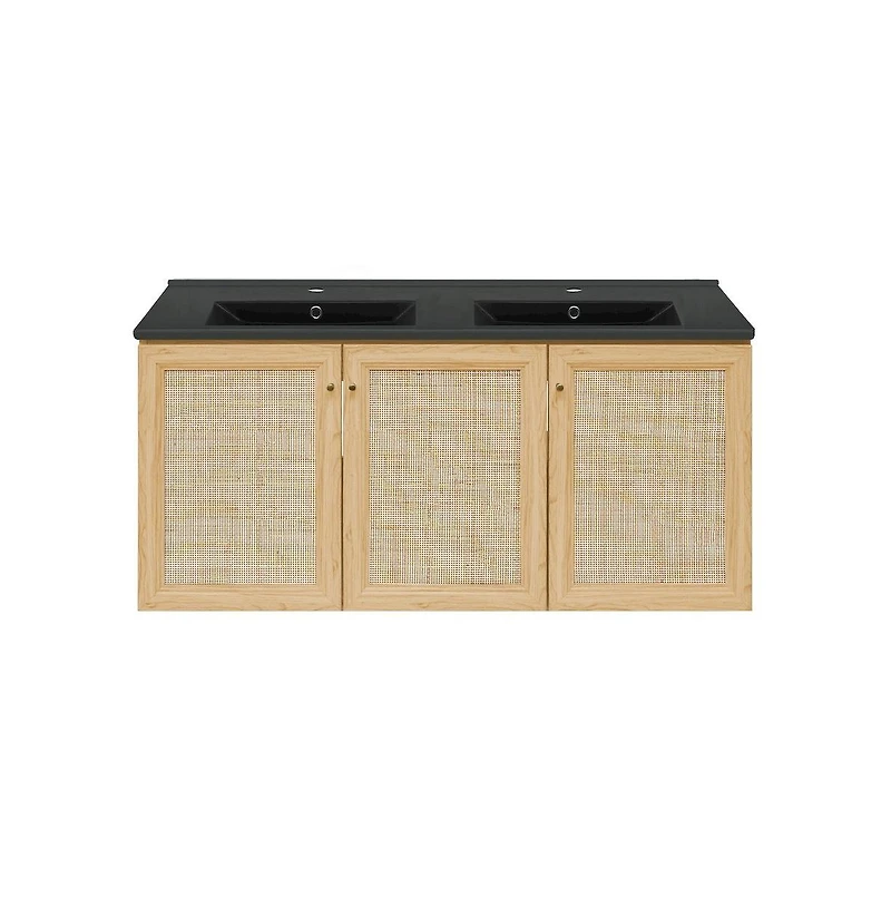 Swiss Madison 48" Wall-Mounted Bathroom Vanity in Natural Oak with Double Basin Sink Top