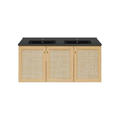 Swiss Madison 48" Wall-Mounted Bathroom Vanity in Natural Oak with Double Basin Sink Top
