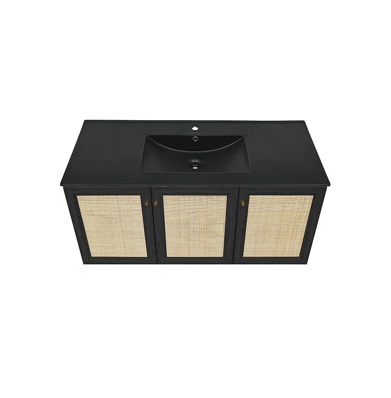 Classe 48" Wall-Mounted Bathroom Vanity in Black Oak with Black Sink Top