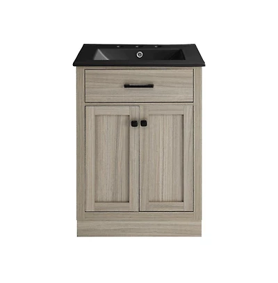 Swiss Madison Burdon 24 in. Brown Oak Bathroom Vanity With Black, 3-Hole Ceramic Sink Top