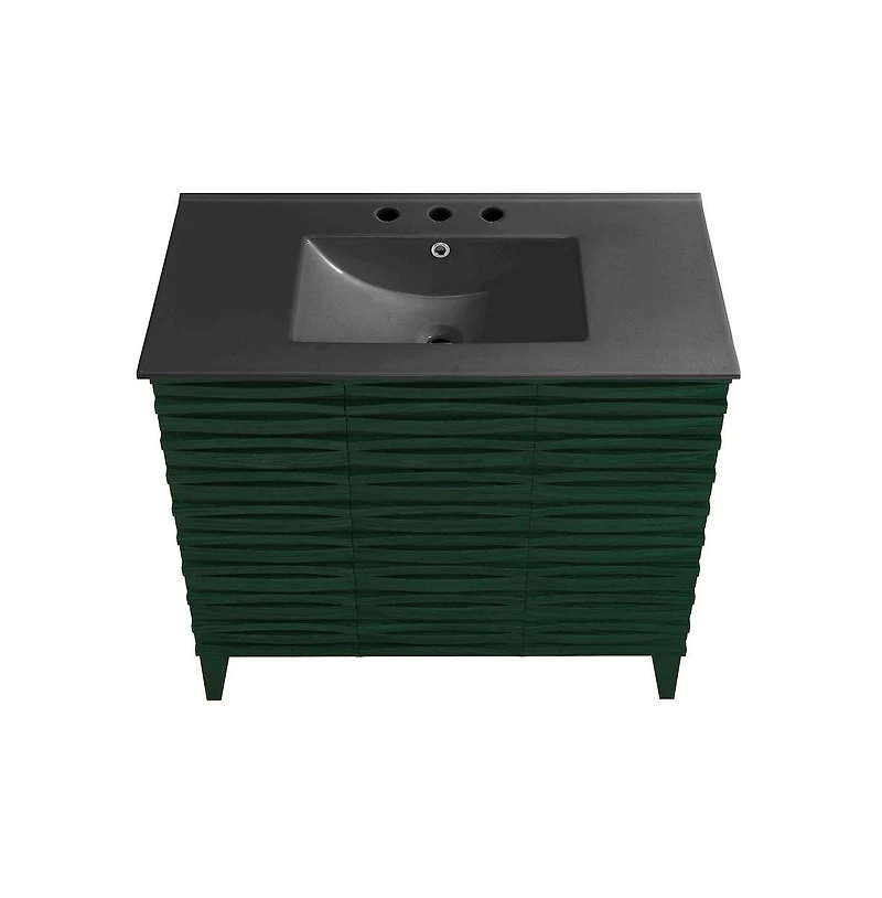 Swiss Madison 36" Freestanding Bathroom Vanity in Green Oak, Black 3-Hole Widespread Sink Top