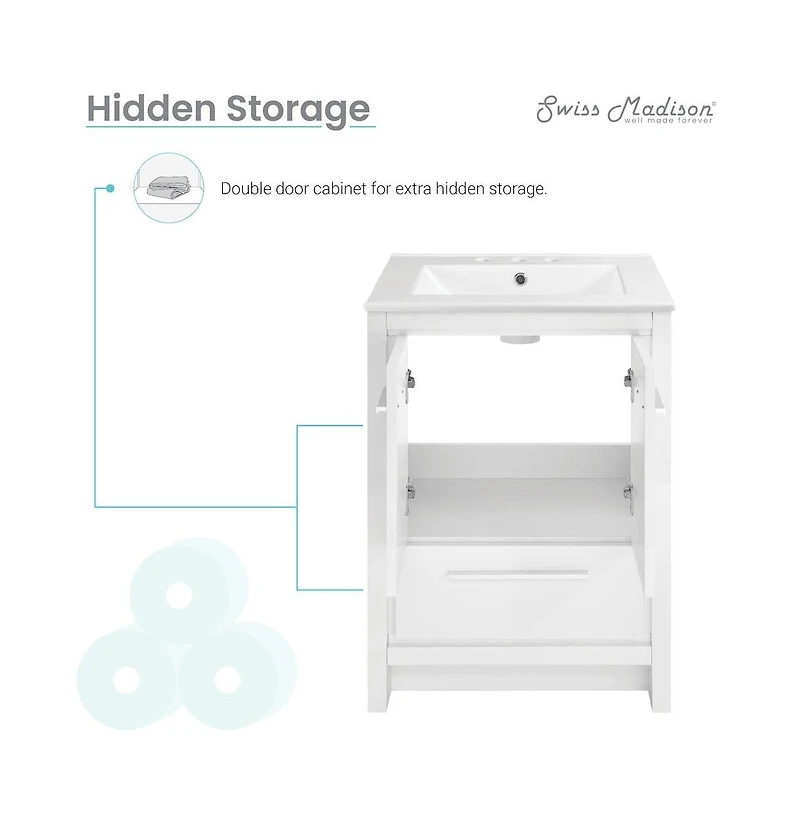 Swiss Madison Virage 24 in. White Bathroom Vanity With White, 3-Hole Ceramic Sink Top