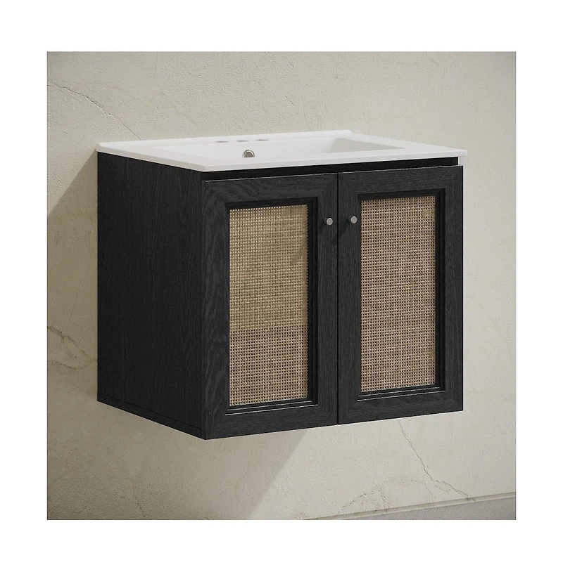 24" Wall-Mounted Bathroom Vanity in Black Oak, Centerset Faucet Holes Vanity Top