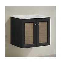 24" Wall-Mounted Bathroom Vanity in Black Oak, Centerset Faucet Holes Vanity Top