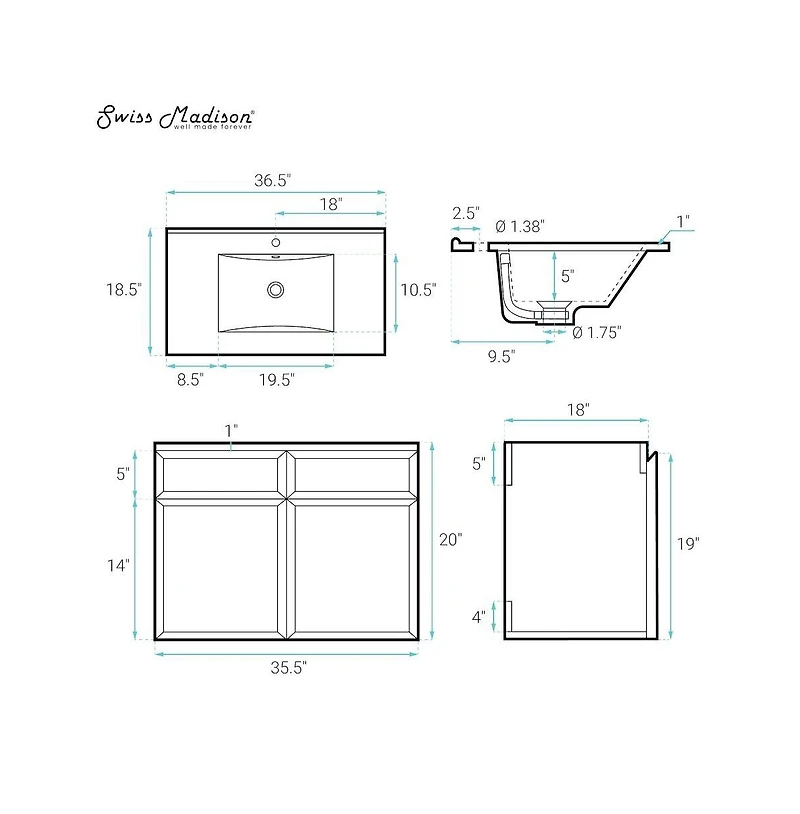 Swiss Madison St. Tropez 36" Wall-Mounted Bathroom Vanity in Natural Oak with Sink Top