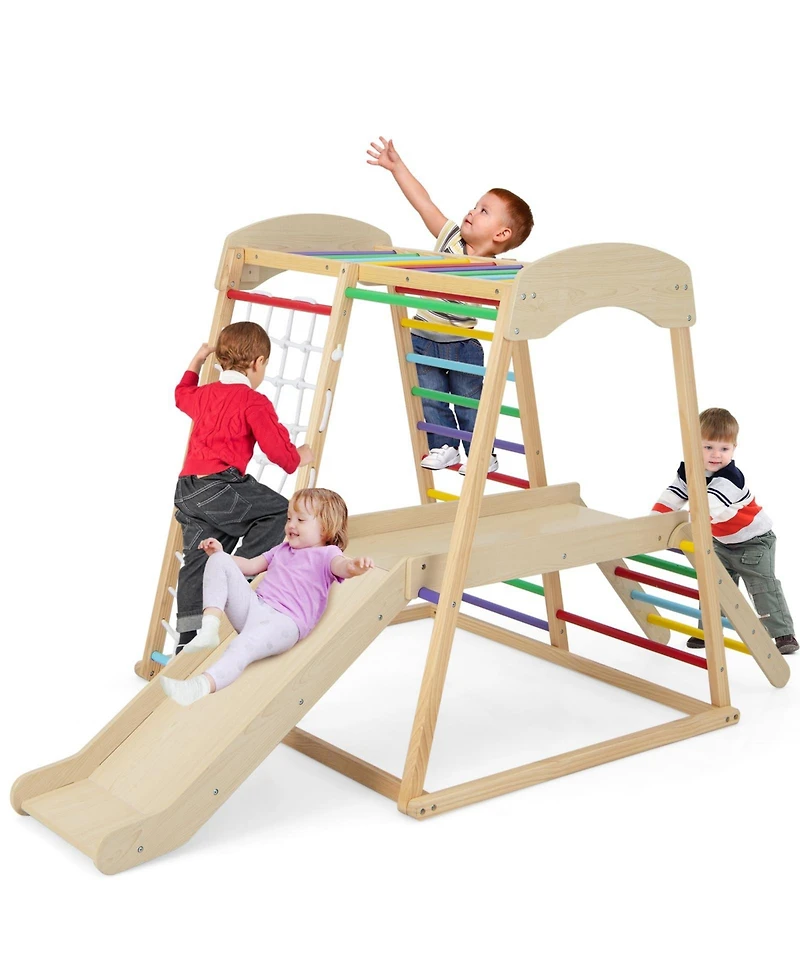 6-in-1 Indoor Jungle Gym Kids Wooden Playground with Monkey Bars