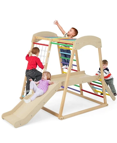 6-in-1 Indoor Jungle Gym Kids Wooden Playground with Monkey Bars
