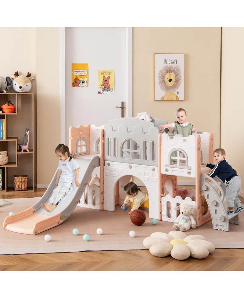 All-in-1 Toddler Slide Playset Playground with Tunnel and Ladder and Basketball