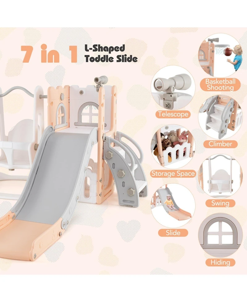 7-in-1 Toddler Swing and Slide Set L-shaped with Ladder and Basketball Hoop