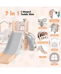 7-in-1 Toddler Swing and Slide Set L-shaped with Ladder and Basketball Hoop