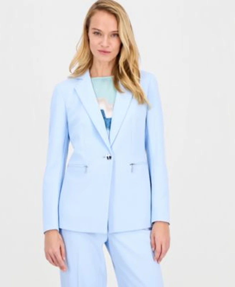 Anne Klein Womens Notch Collar One Button Jacket Printed Boat Neck Short Sleeve Top High Rise Wide Leg Pants