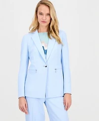 Anne Klein Womens Notch Collar One Button Jacket Printed Boat Neck Short Sleeve Top High Rise Wide Leg Pants