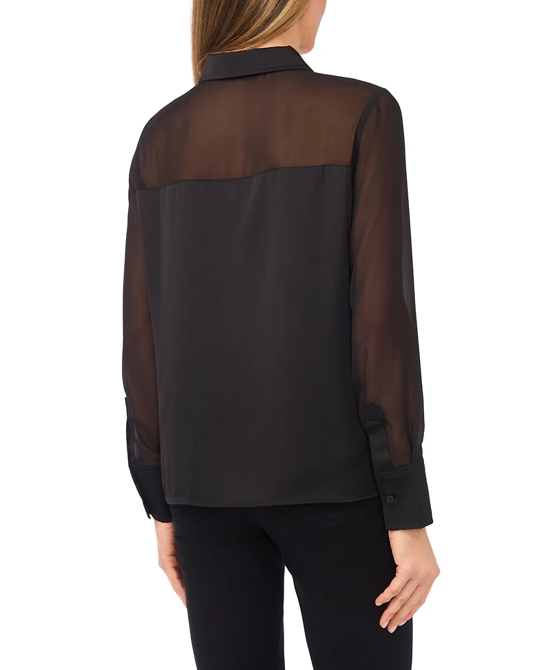 CeCe Women's Sheer Combo Button Down Long-Sleeve Top