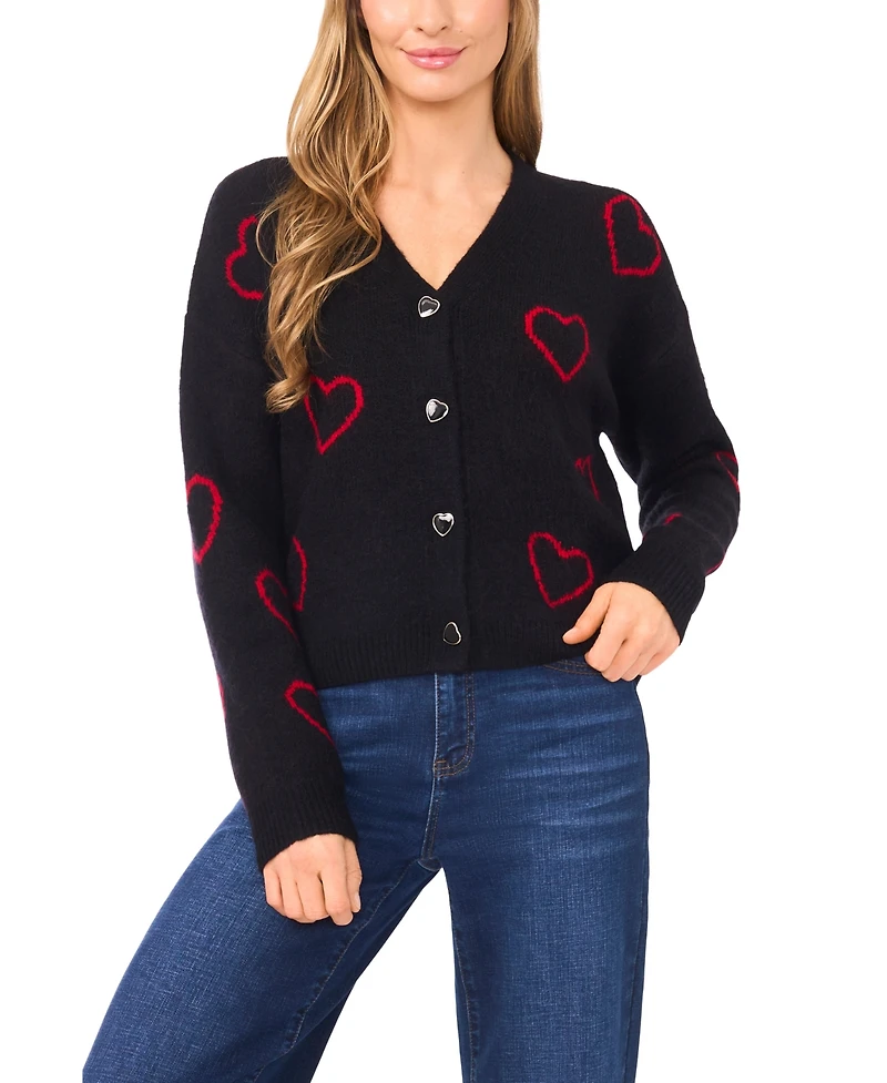 CeCe Women's V-Neck Heart Jacquard Cardigan Sweater