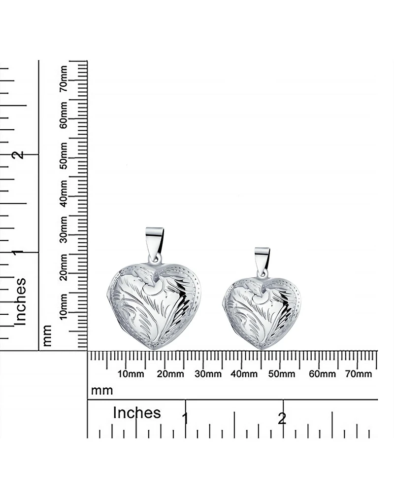 Bling Jewelry Simple Plain Keepsake Domed Puff carved Leaf Heart Shaped Photo Locket Holds Photos Pictures Silver Necklace Pendant Large