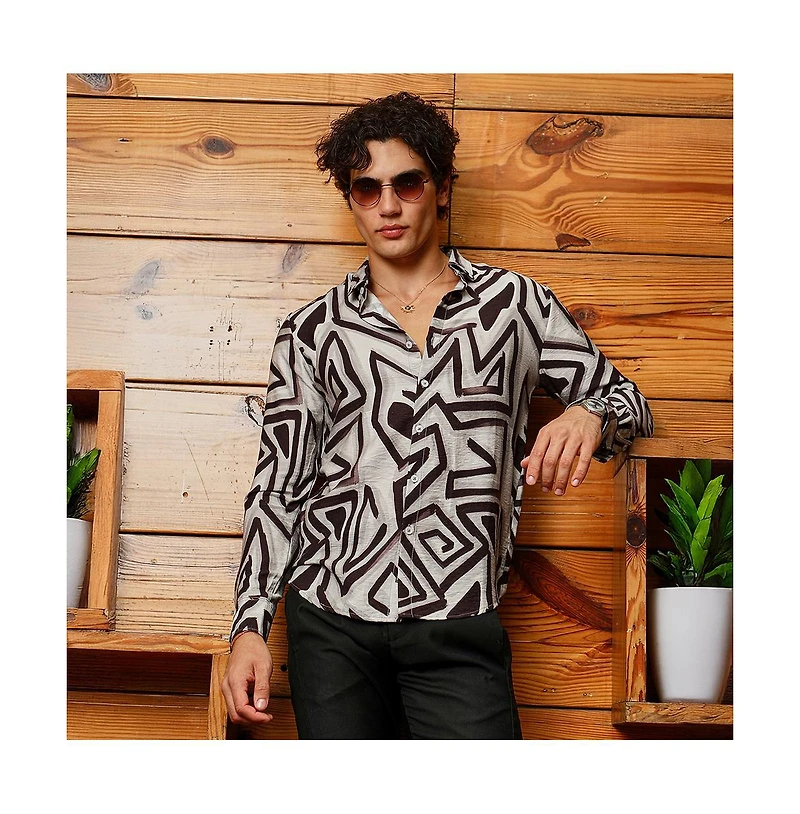Campus Sutra Men's Onyx Black & Cloud Grey Abstract Breezy Shirt